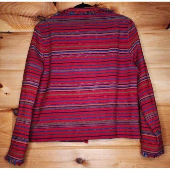 Painted Pony Women’s medium Red Striped Cotton Fringed Button Jacket Made in USA - Picture 10 of 10